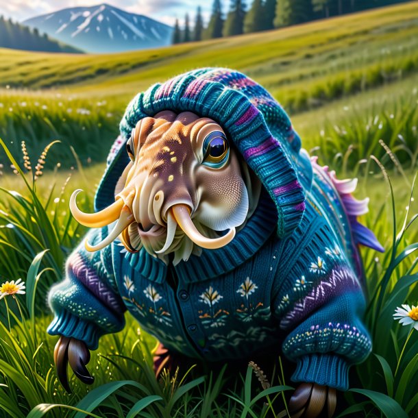 Image of a cuttlefish in a sweater in the meadow