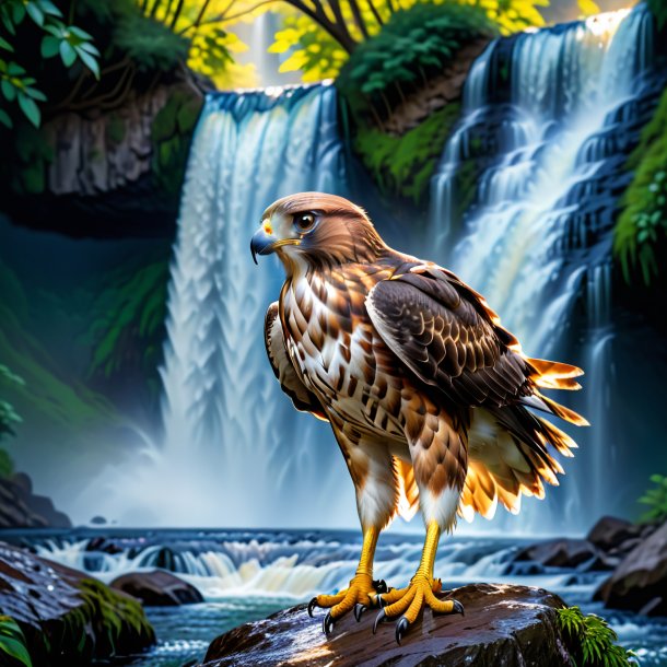 Photo of a hawk in a skirt in the waterfall