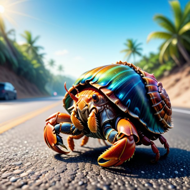 Illustration d'un crabe ermite dans un gilet sur la route