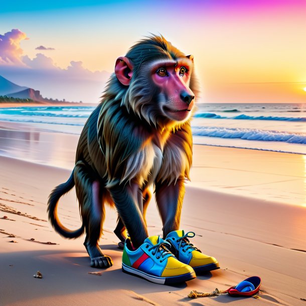 Image of a baboon in a shoes on the beach