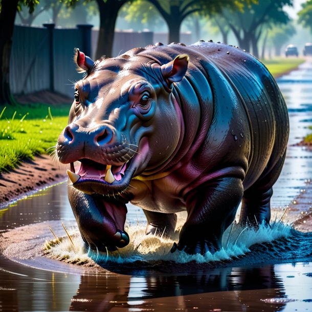 Photo of a angry of a hippopotamus in the puddle