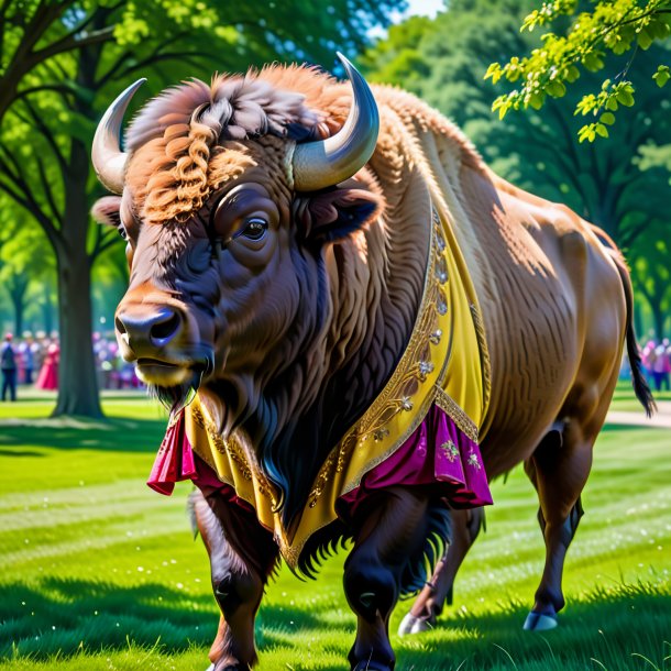 Image of a bison in a dress in the park