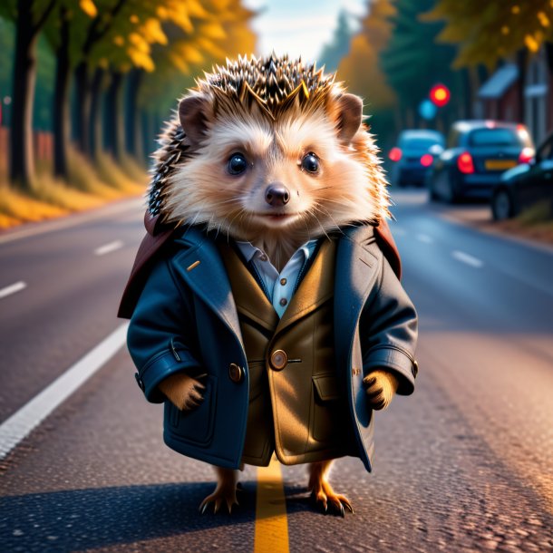 Picture of a hedgehog in a coat on the road