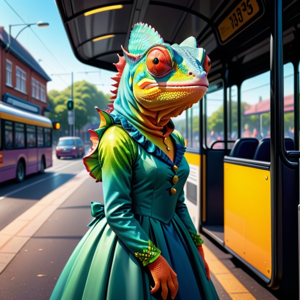 Illustration of a chameleon in a dress on the bus stop