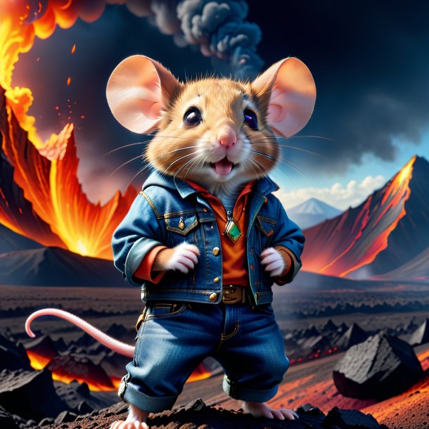 Picture of a mouse in a jeans in the volcano