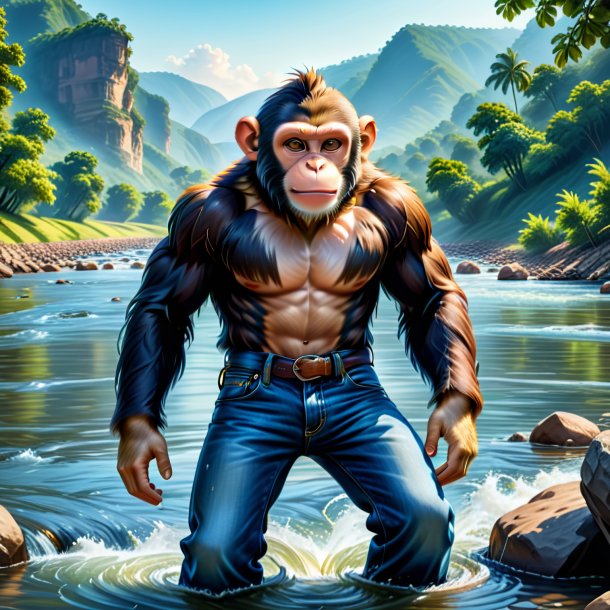 Drawing of a monkey in a jeans in the river