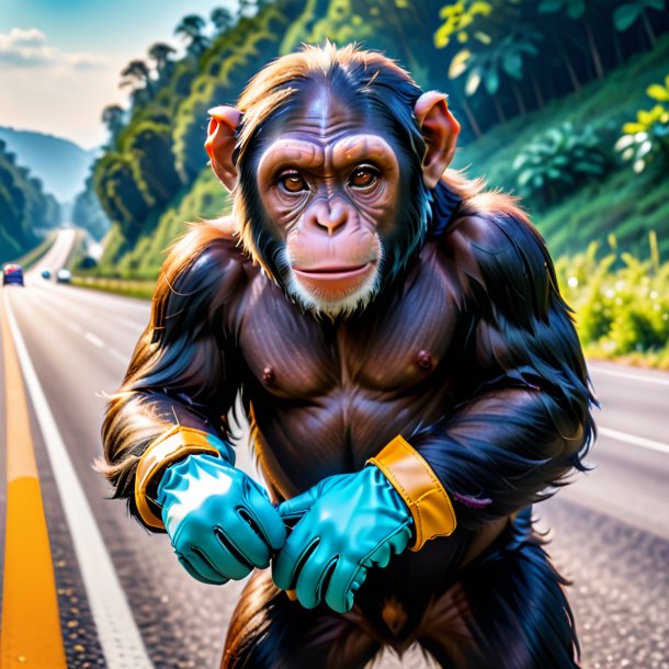 Photo of a chimpanzee in a gloves on the highway