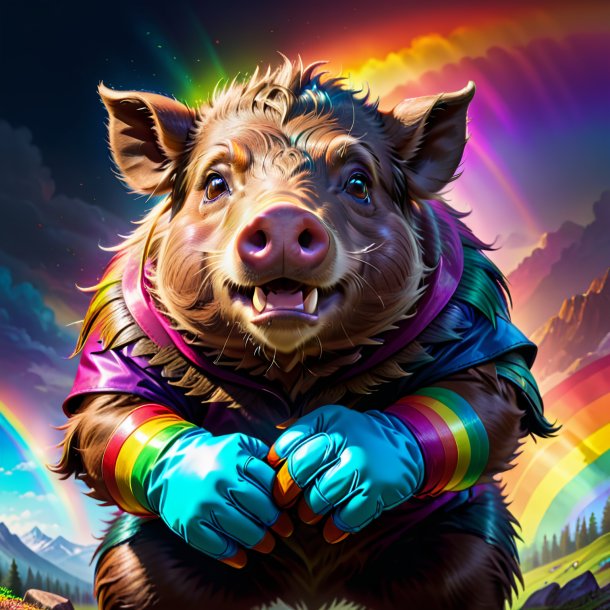 Drawing of a boar in a gloves on the rainbow