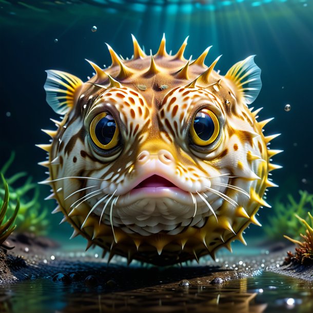 Drawing of a pufferfish in a belt in the puddle