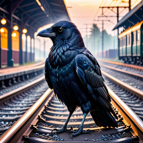 Picture of a crow in a coat on the railway tracks