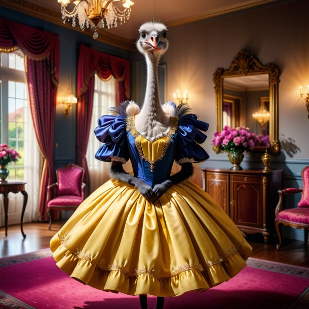 Picture of a ostrich in a dress in the house