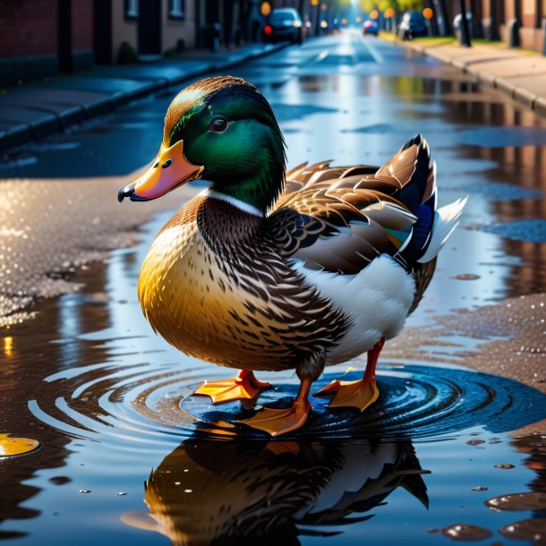 Drawing of a duck in a coat in the puddle