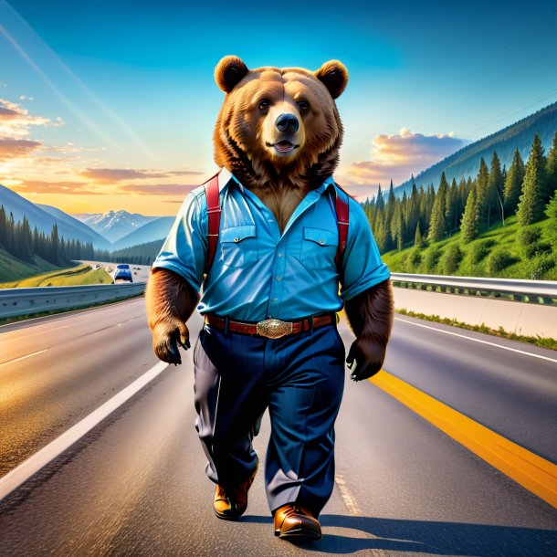 Picture of a bear in a trousers on the highway