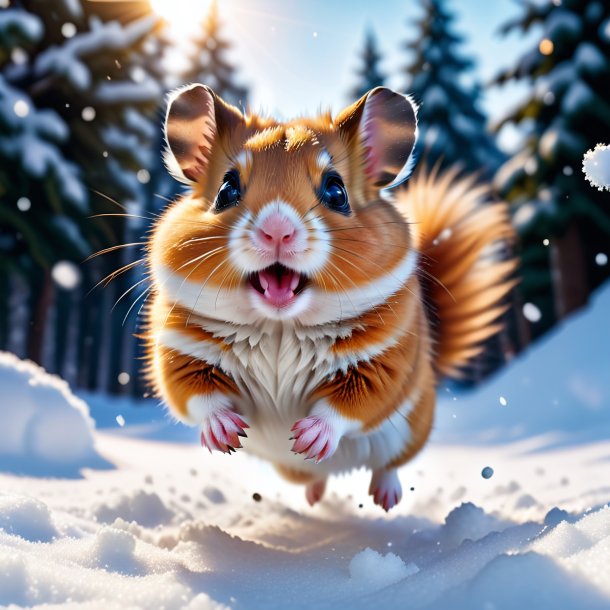 Pic of a jumping of a hamster in the snow