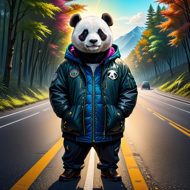 Dessin d'un panda géant dans une veste sur la route