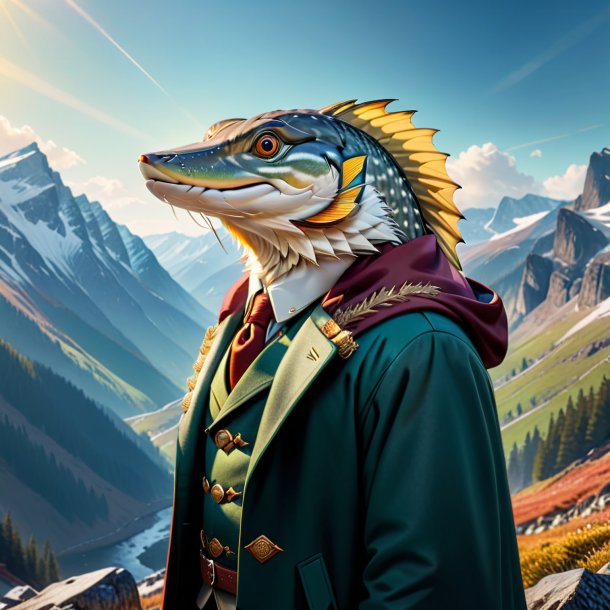 Picture of a pike in a coat in the mountains