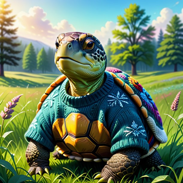 Drawing of a turtle in a sweater in the meadow