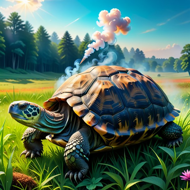 Image of a smoking of a tortoise in the meadow