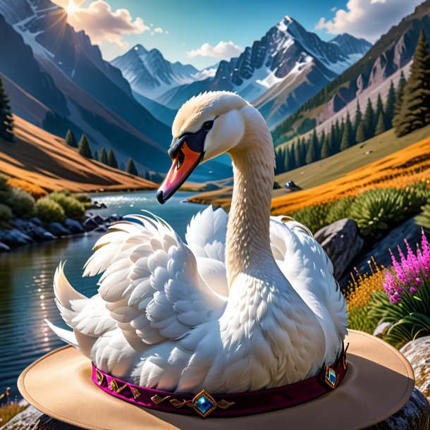 Picture of a swan in a hat in the mountains