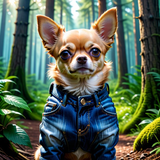 Imagen de un chihuahua en jeans en el bosque