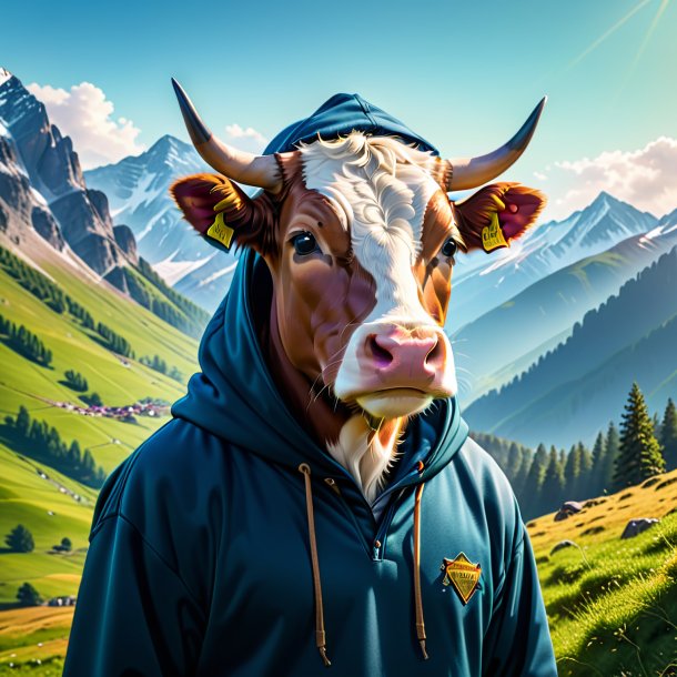 Image of a cow in a hoodie in the mountains