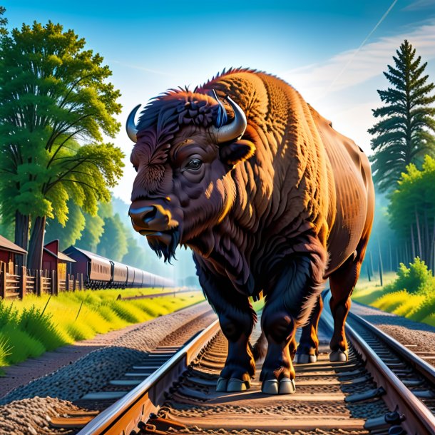 Picture of a waiting of a bison on the railway tracks