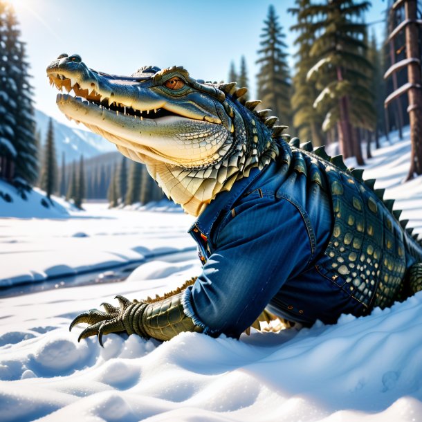 Photo of a crocodile in a jeans in the snow