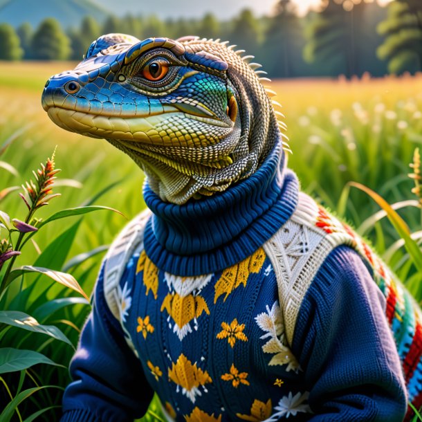 Pic of a monitor lizard in a sweater in the meadow