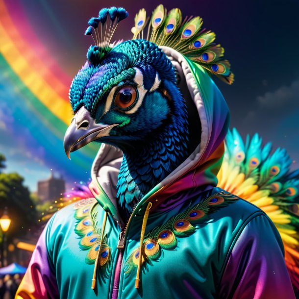 Foto de un pavo real en una sudadera con capucha en el arco iris