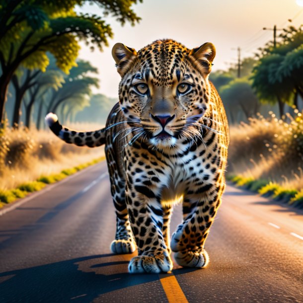 Image of a dancing of a leopard on the road