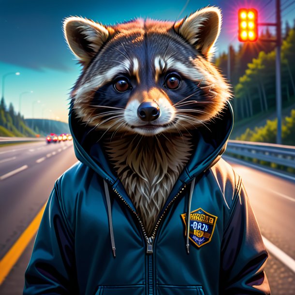 Pic of a raccoon in a hoodie on the highway