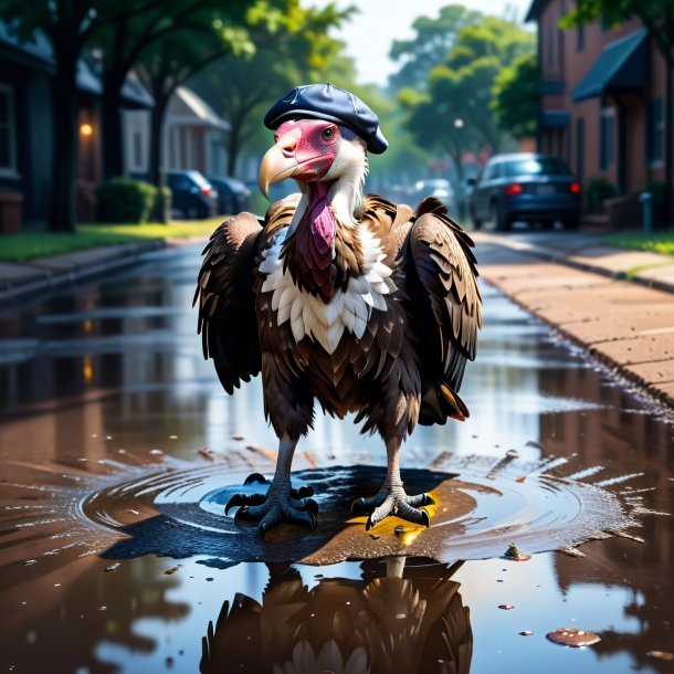 Drawing of a vulture in a cap in the puddle