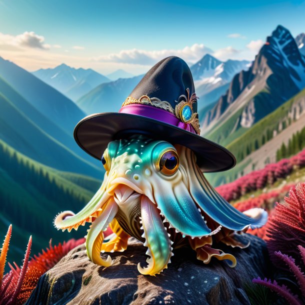 Image of a cuttlefish in a hat in the mountains