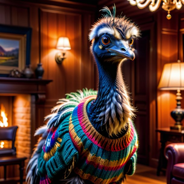 Pic of a emu in a sweater in the house