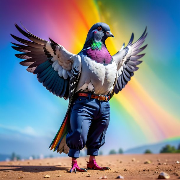 Photo d'un pigeon dans un pantalon sur l'arc-en-ciel