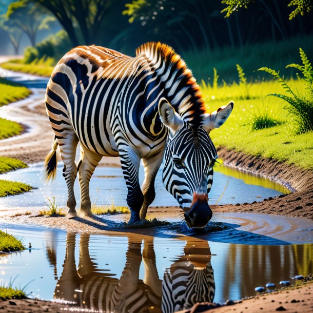 Image of a drinking of a zebra in the puddle