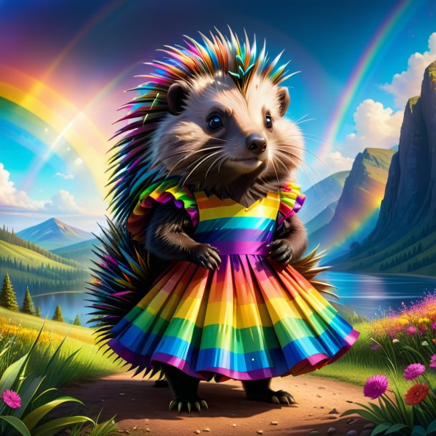 Illustration of a porcupine in a dress on the rainbow