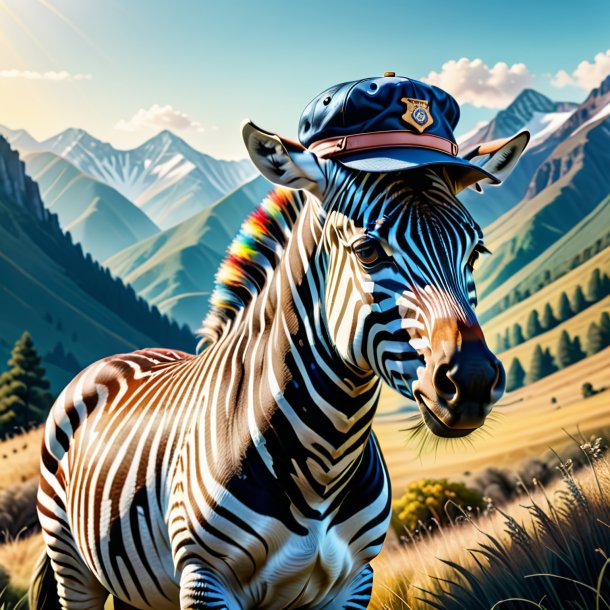 Illustration of a zebra in a cap in the mountains