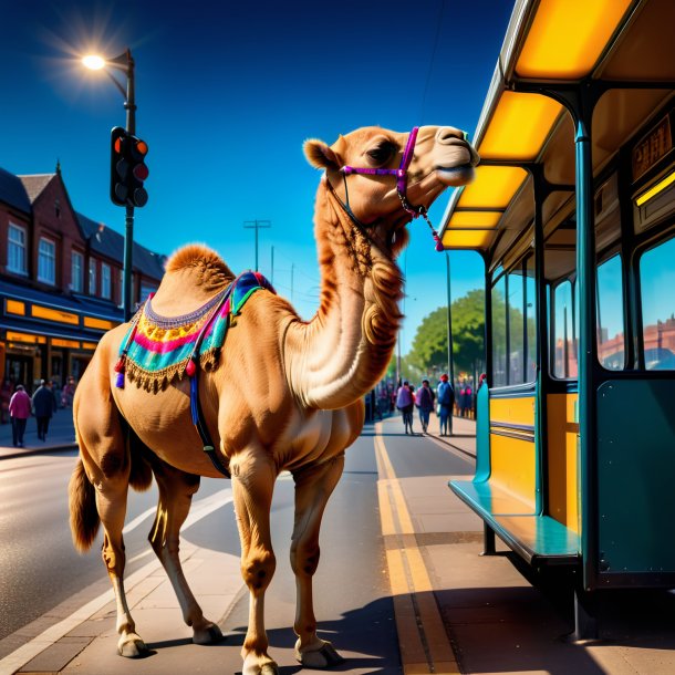 Image of a camel in a dress on the bus stop