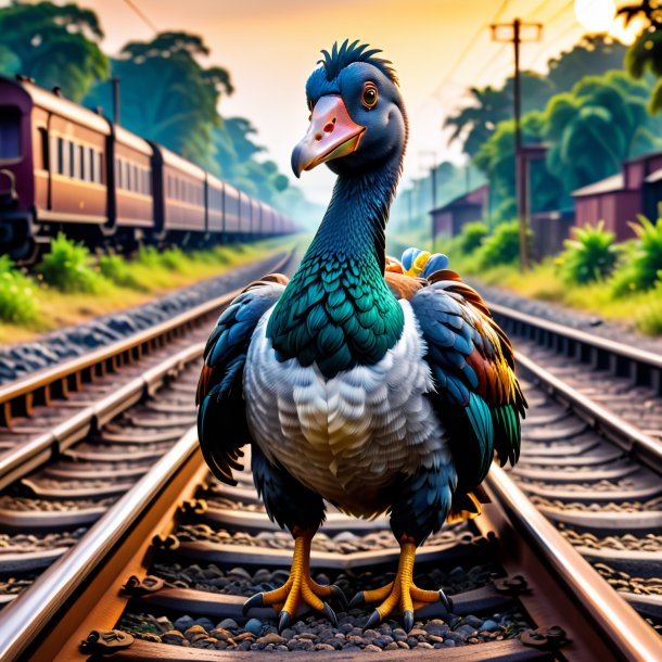 Image of a dodo in a belt on the railway tracks