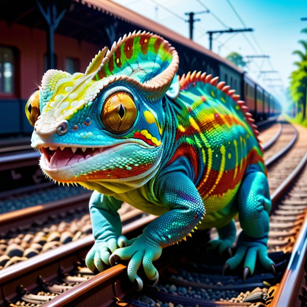 Photo of a smiling of a chameleon on the railway tracks