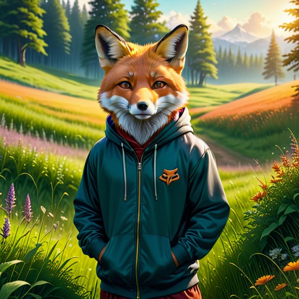 Illustration of a fox in a hoodie in the meadow