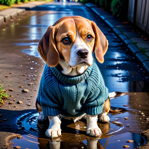 Foto de un beagle en un suéter en el charco