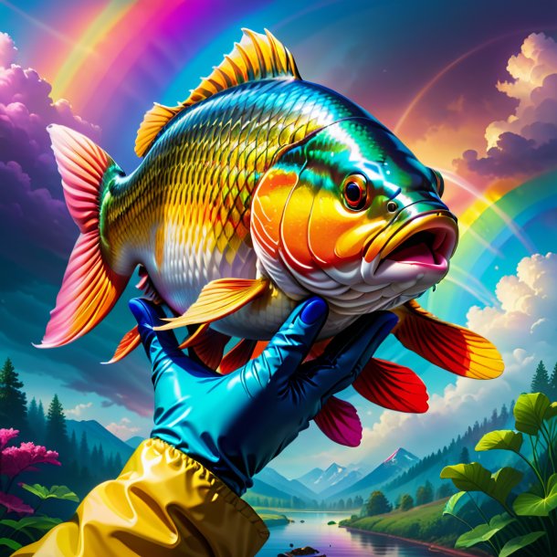 Illustration of a carp in a gloves on the rainbow