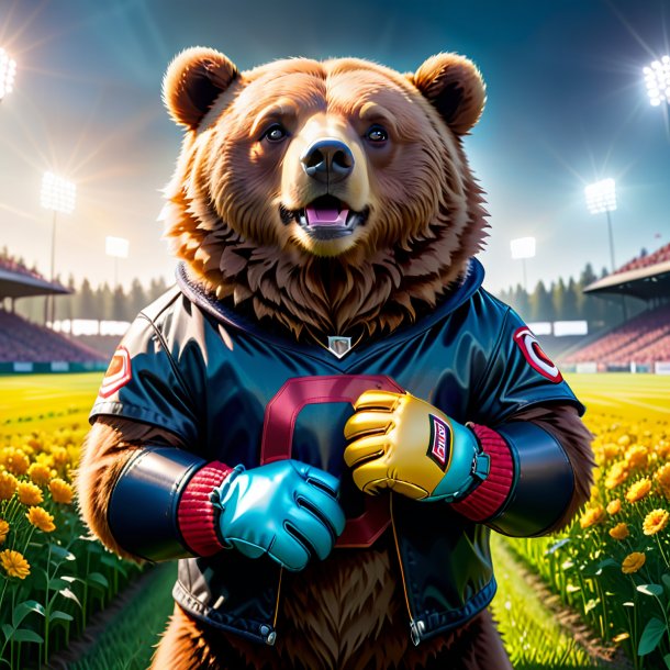 Image of a bear in a gloves on the field