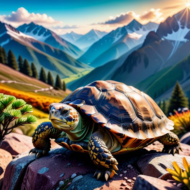 Photo of a tortoise in a gloves in the mountains