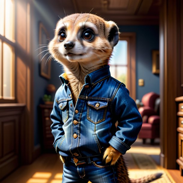 Picture of a meerkat in a jeans in the house