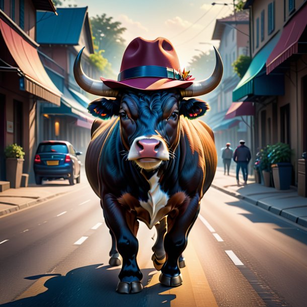 Illustration of a bull in a hat on the road