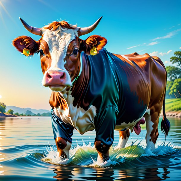 Illustration of a cow in a trousers in the water