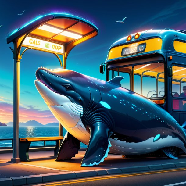 Illustration of a whale in a cap on the bus stop